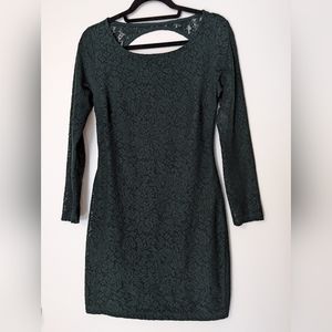 Zara Trf Dark Green Lace Open Back Long Sleeve Dress Size Large